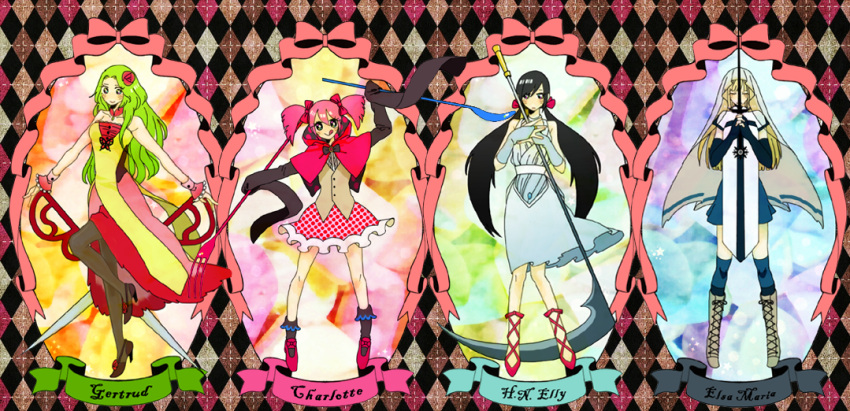 :q, bare_shoulders, black_hair, black_legwear, blue_legwear, boots, charlotte_(madoka_magica), closed_eyes