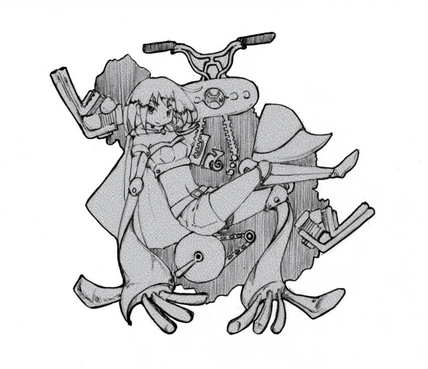 dual_persona, gisela_(madoka_magica), madoka_runes, mahou_shoujo_madoka_magica, midriff, monochrome, motor_vehicle, motorcycle