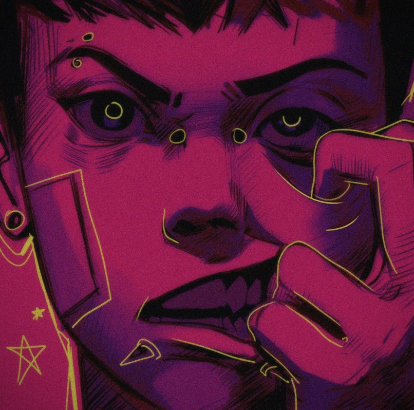 1other, angry, bandaid, bandaid_on_face, bridge_piercing, close-up, commentary_request, earrings