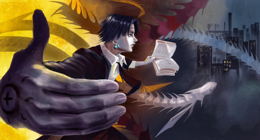 1boy, aquiline_nose, bandaged_head, bandages, black_eyes, black_hair, black_necktie, black_suit, body_markings, book, brush_stroke, chrollo_lucilfer, cityscape, collared_shirt, commentary, cross_tattoo, curtained_hair, earrings, english_commentary, faux_traditional_media, foreshortening, formal_clothes, highres, holding, holding_book, hunter_x_hunter, hyskoa_4, indoor_fish, jewelry, looking_ahead, male_focus, necktie, nen_(hunter_x_hunter), nen_beast, new_york_city, night, nose, outstretched_arms, painterly, parted_lips, shirt, short_hair, solo, spread_arms, suit, tattoo, white_shirt