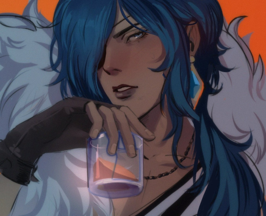 1boy, averting_eyes, black_gloves, blue_eyes, blue_hair, close-up, commentary_request, cup
