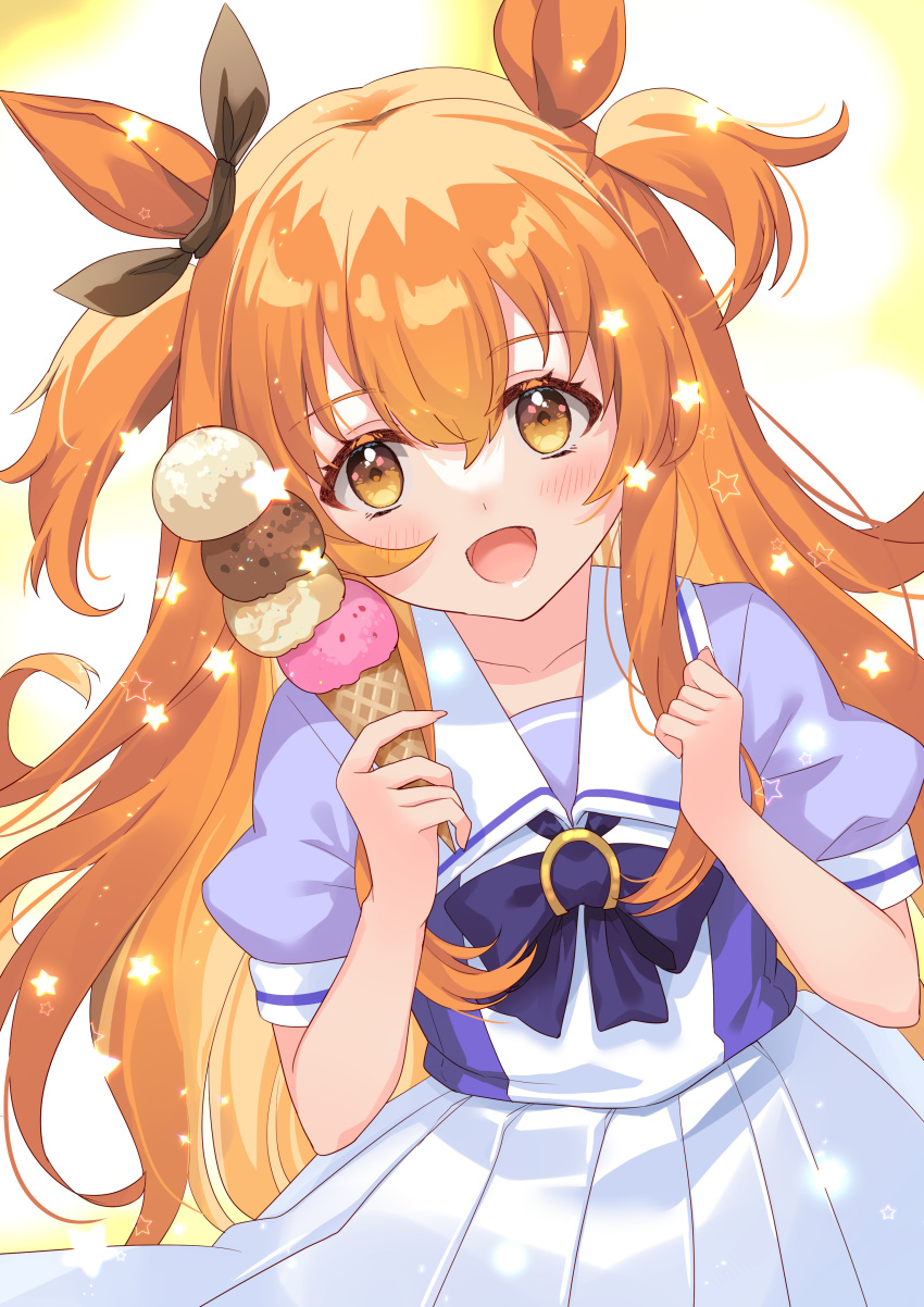 1girl, absurdres, animal_ears, black_ribbon, blue_ribbon, blush, bow, bowtie