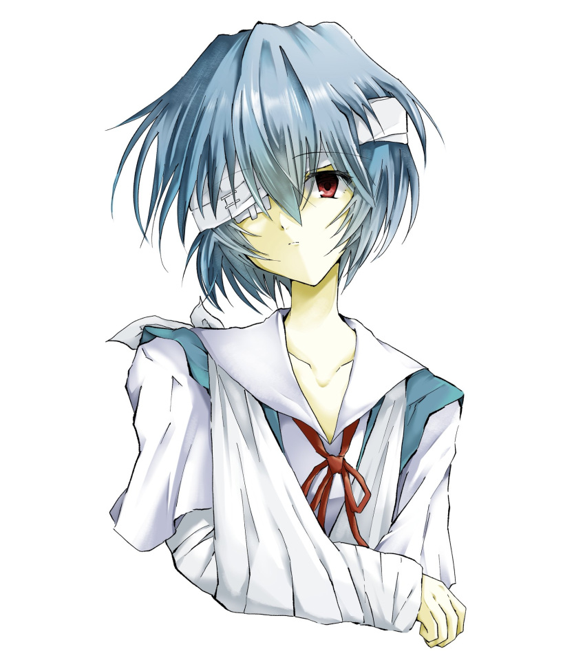 1girl, ayanami_rei, bandage_over_one_eye, bandaged_arm, bandaged_head, bandages, blue_hair, highres, injury, neon_genesis_evangelion, red_eyes, school_uniform, short_hair, solo, takanashi_(takanya_shi), tokyo-3_middle_school_uniform