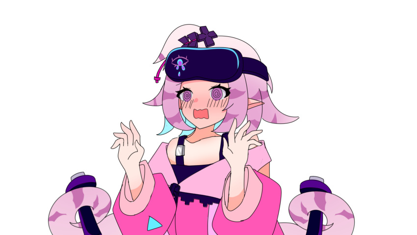 1girl, @_@, arknights, bare_shoulders, blue_hair, blush, chinese_commentary, commentary_request