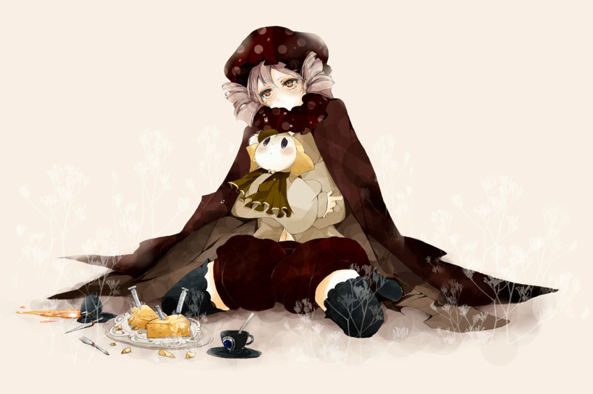 charlotte_(madoka_magica), cheese, cup, drill_hair, dual_persona, fork, gsgs, hat