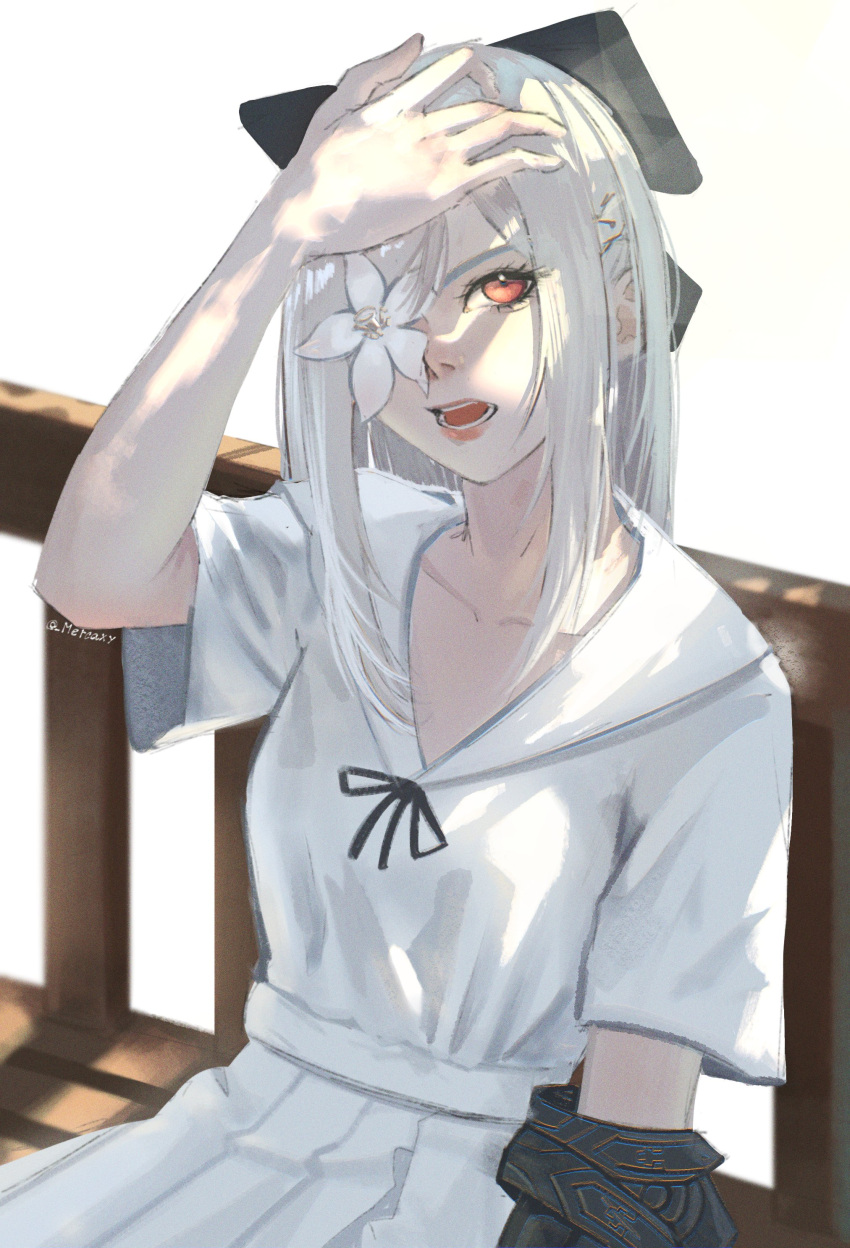 1girl, absurdres, alternate_costume, artist_name, collarbone, commentary_request, drag-on_dragoon, drag-on_dragoon_3, eyelashes, flower, flower_over_eye, highres, long_hair, mercaxy, open_mouth, parted_bangs, red_eyes, shirt, short_sleeves, sitting, skirt, solo, twitter_username, white_hair, white_shirt, white_skirt, zero_(drag-on_dragoon)