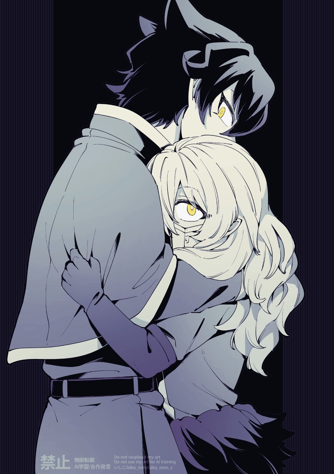 2boys, balam_shichiro, belt, capelet, clothes_tug, fur_trim, gloves, hair_between_eyes
