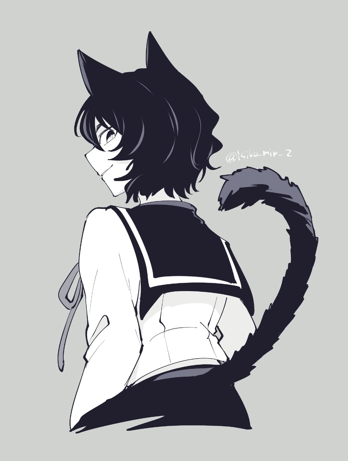 1other, animal_ears, cat_ears, cat_tail, closed_mouth, extra_ears, from_behind, grey_background, greyscale, highres, isiko_mim_z, long_sleeves, looking_at_viewer, looking_back, mairimashita!_iruma-kun, monochrome, opera_(iruma-kun), other_focus, outline, pointy_ears, ribbon, sailor_collar, school_uniform, serafuku, shirt, short_hair, simple_background, smile, solo, tail, twitter_username, upper_body