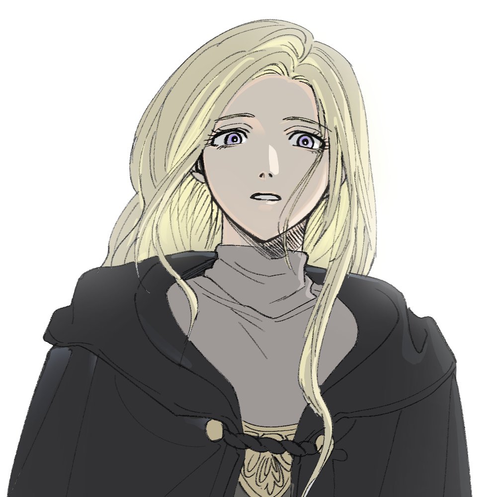 1girl, black_cloak, blonde_hair, cloak, commentary_request, dark_souls_(series), dark_souls_iii, eyelashes, fire_keeper, korean_commentary, long_hair, no_blindfold, parted_lips, simple_background, solo, upper_body, violet_eyes, wavy_hair, white_background, xxq_002