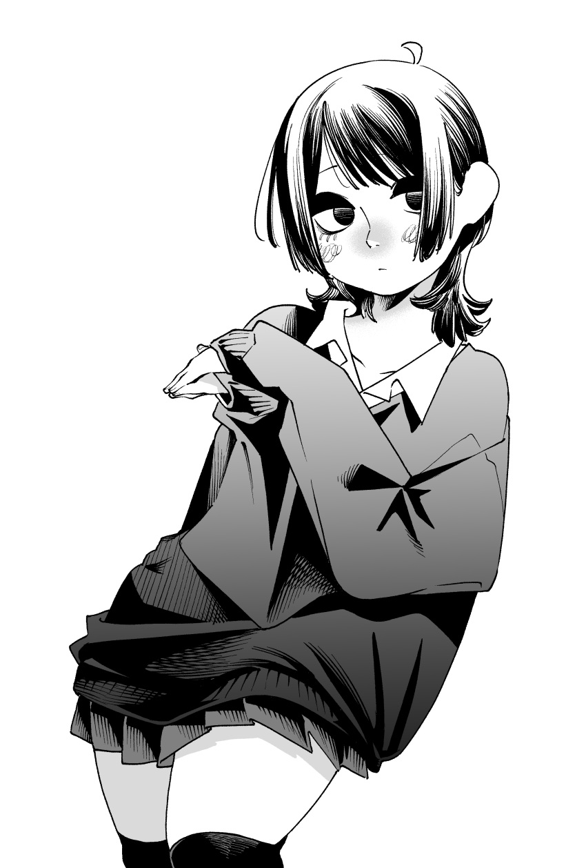 1girl, absurdres, ahoge, blush, closed_mouth, collarbone, collared_shirt, cowboy_shot, crosshatching, gavucchi, greyscale, hands_up, hatching_(texture), head_tilt, highres, leaning_to_the_side, linear_hatching, looking_at_viewer, medium_hair, miniskirt, monochrome, open_collar, original, own_hands_together, pleated_skirt, shirt, simple_background, skirt, sleeves_past_wrists, solo, standing, sweater, swept_bangs, thigh-highs, white_background, zettai_ryouiki