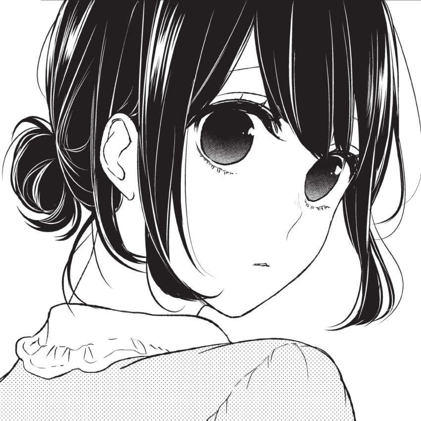 1girl, alternate_hairstyle, black_hair, close-up, from_behind, hair_bun, highres, koi_to_uso, looking_back, mesubarutan, monochrome, non-web_source, polo_shirt, takasaki_misaki_(koi_to_uso)