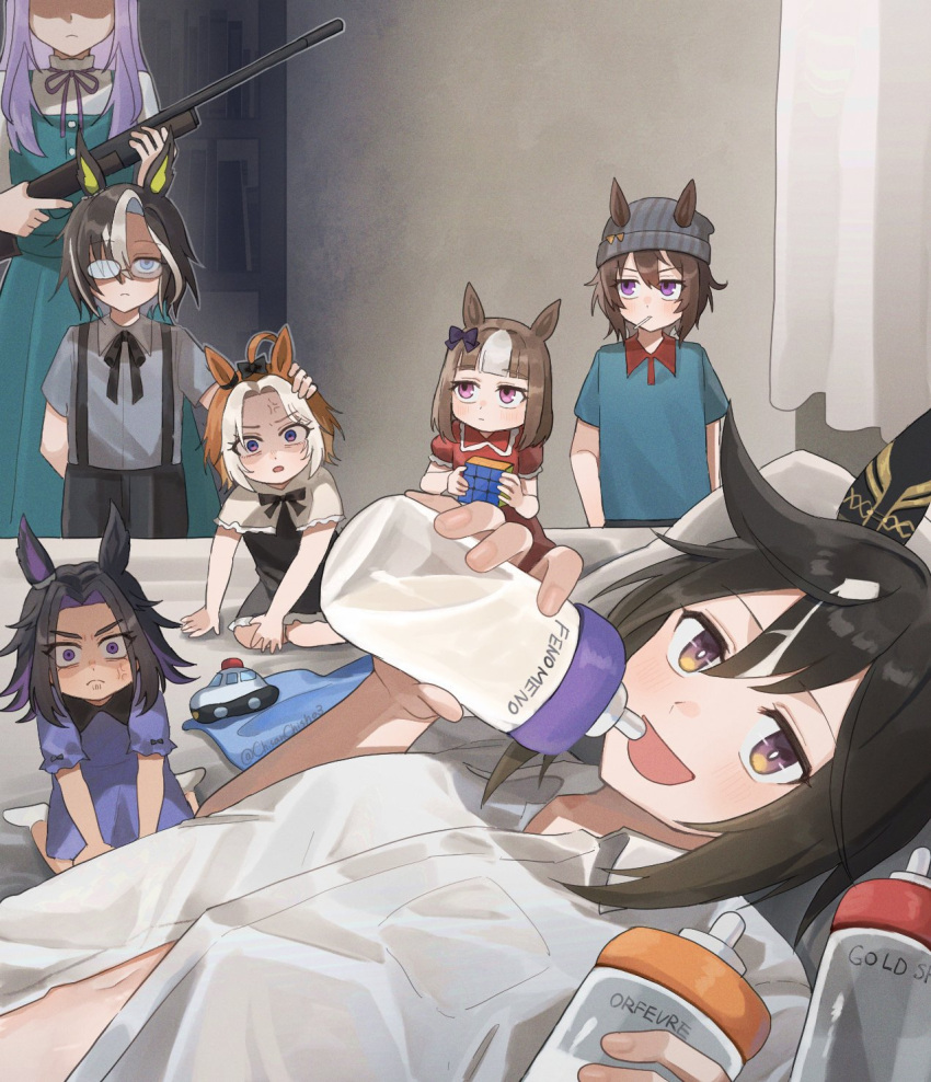 6+girls, aged_down, ahoge, alternate_hair_color, animal_ears, beanie, black_bow, black_dress, black_hair, black_pants, blue_dress, blue_eyes, blue_shirt, blunt_bangs, blush, bottle, bow, brown_eyes, brown_hair, closed_mouth, collared_shirt, dream_journey_(umamusume), dress, ear_covers, ear_ornament, ears_through_headwear, fenomeno_(umamusume), frown, glasses, gold_ship_(umamusume), grey_hat, grey_shirt, gun, hair_between_eyes, hair_bow, hair_over_one_eye, hat, highres, himo_(user_rzgz5877), holding, holding_bottle, holding_gun, holding_weapon, horse_ears, horse_girl, indoors, lollipop_in_mouth, long_hair, looking_at_viewer, lying, mejiro_mcqueen_(umamusume), milk, multicolored_hair, multiple_girls, nakayama_festa_(umamusume), on_back, open_mouth, orange_hair, orfevre_(umamusume), pants, ponytail, purple_bow, purple_dress, purple_hair, red_dress, rifle, rubik's_cube, shaded_face, shirt, short_hair, short_sleeves, single_ear_cover, sitting, smile, stay_gold_(umamusume), streaked_hair, suspenders, toy, two-tone_hair, umamusume, violet_eyes, wariza, weapon, white_hair, white_shirt