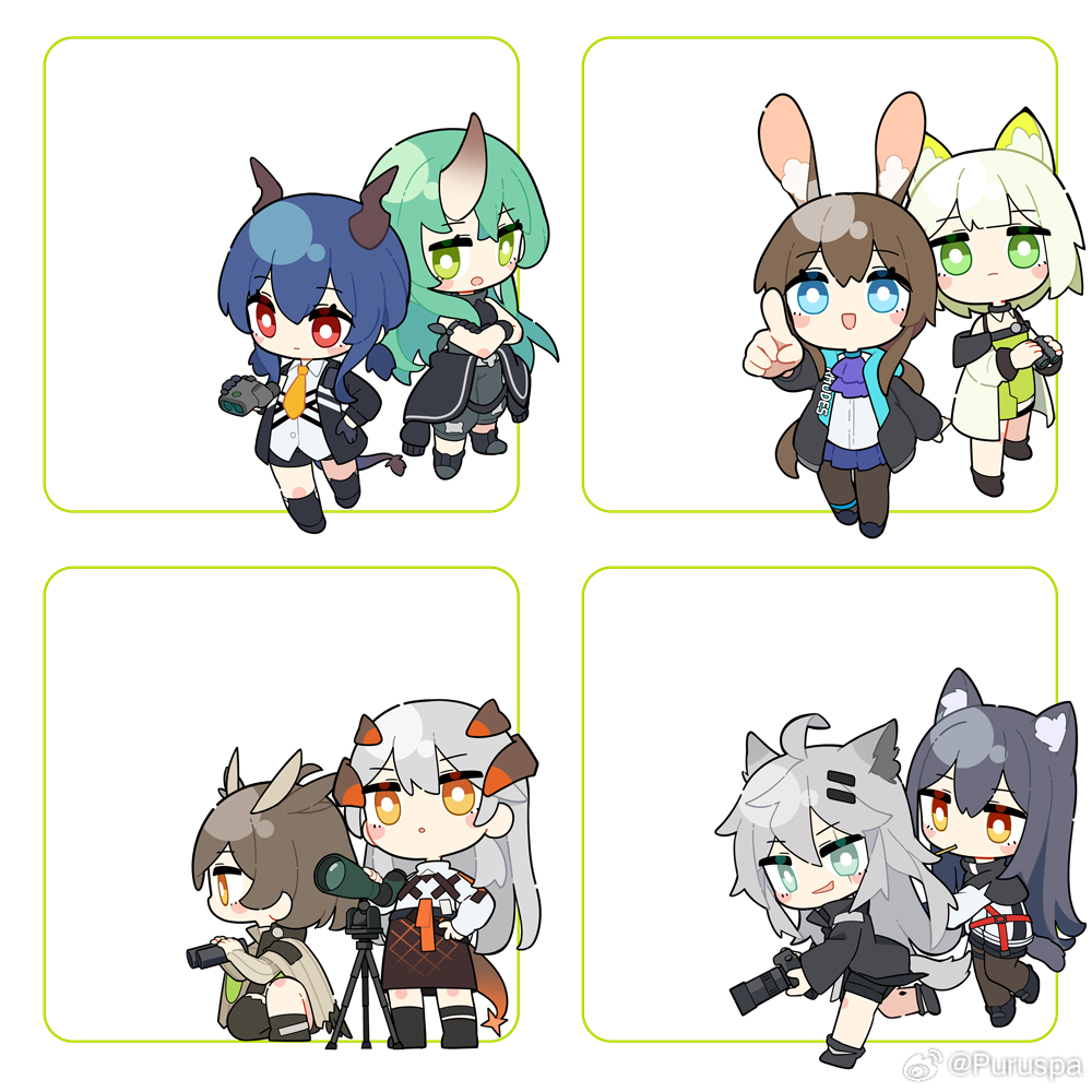 33puruspa, 6+girls, amiya_(arknights), animal_ear_fluff, arknights, dragon_girl, hoshiguma_(arknights), jacket, kal'tsit_(arknights), lappland_(arknights), long_hair, looking_at_viewer, multiple_girls, saria_(arknights), silence_(arknights), smile, standing, texas_(arknights), white_background
