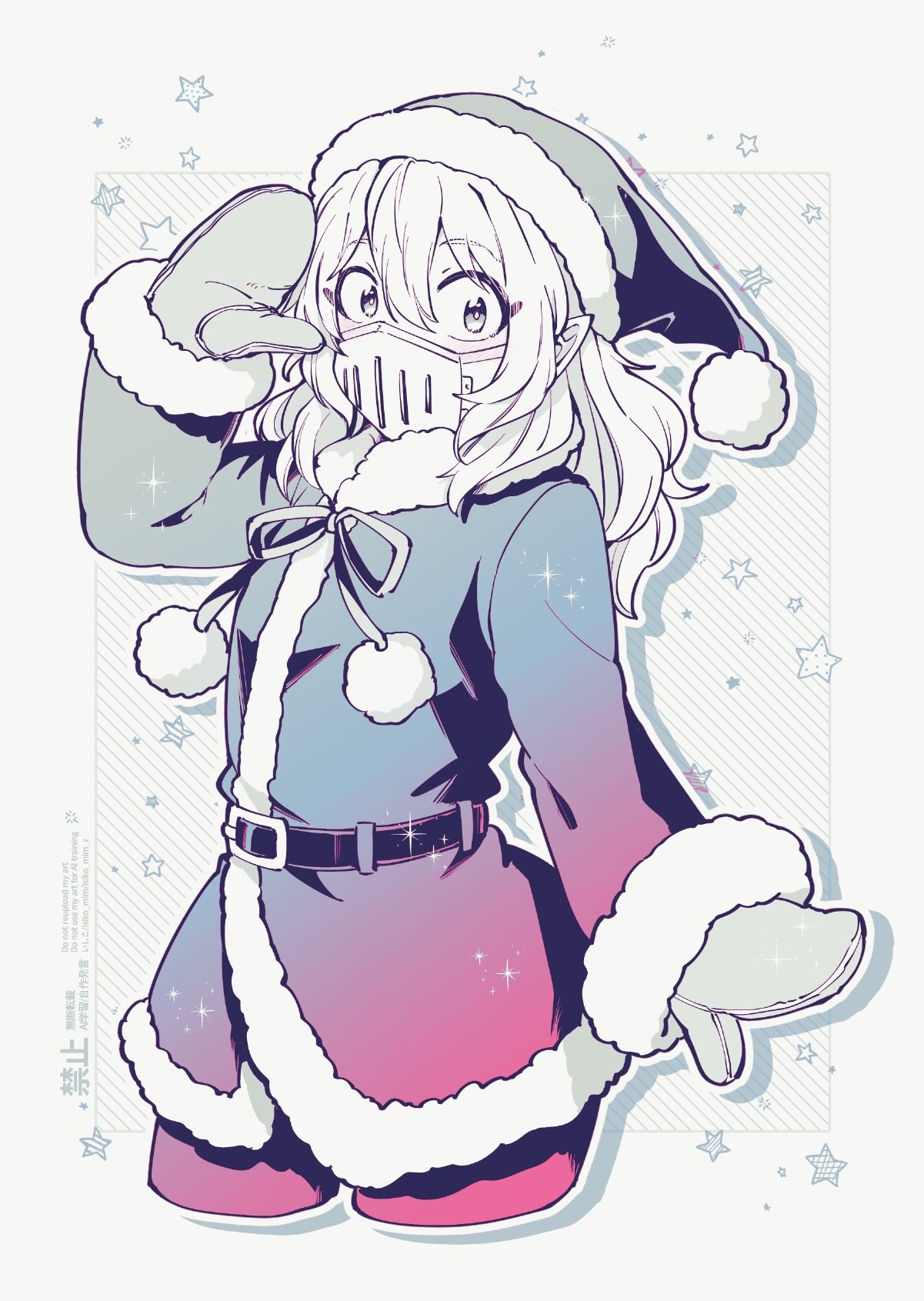 1boy, balam_shichiro, belt, christmas, coat, cropped_legs, drop_shadow, hair_between_eyes, hat, highres, isiko_mim_z, long_hair, mairimashita!_iruma-kun, male_focus, mask, mittens, mouth_mask, outline, pants, pointy_ears, ribbon, santa_costume, santa_hat, simple_background, solo, star_(symbol), trap, white_background