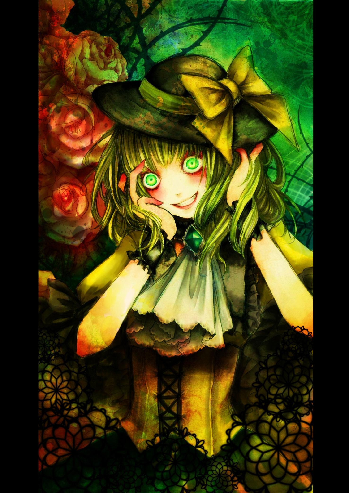 absurdres, adapted_costume, alternate_costume, brooch, bust, cravat, crazy_eyes, flower