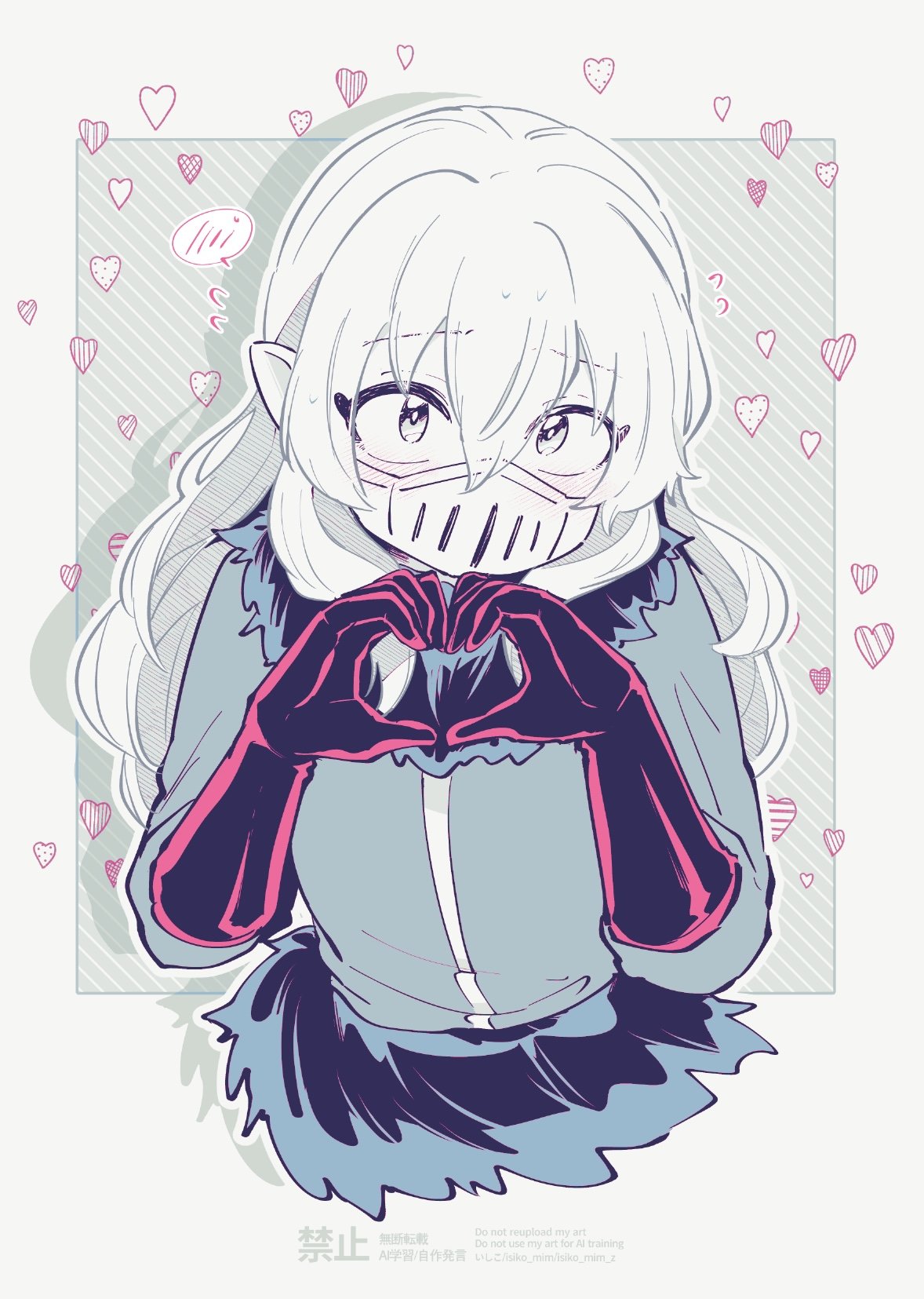 1boy, balam_shichiro, blush, fur_trim, gloves, hair_between_eyes, heart, heart_hands