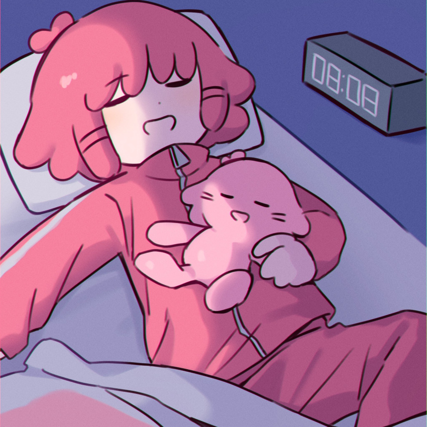 2girls, alarm_clock, antenna_hair, blanket, chiccha_na_watashi_(synthesizer_v), clock, closed_eyes, dot_nose