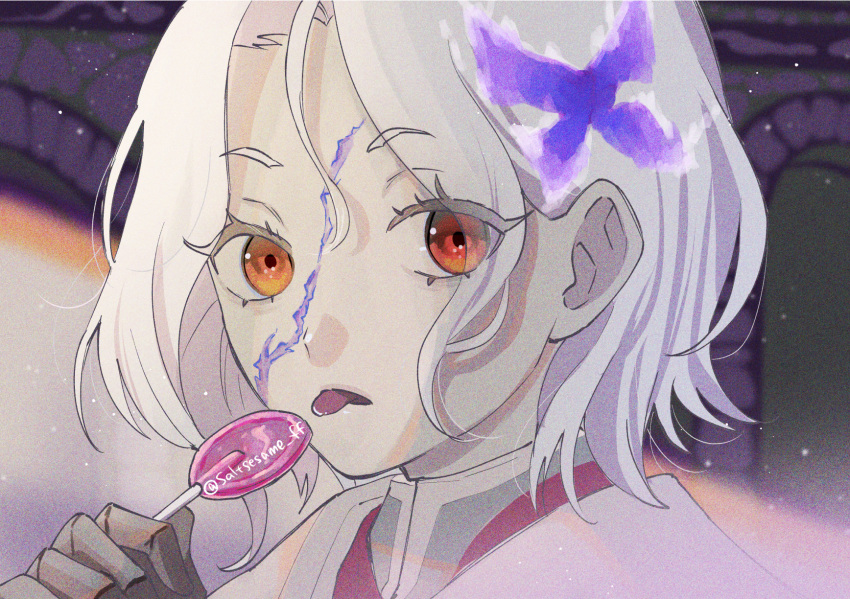 1girl, artist_name, blurry, blurry_background, candy, commentary_request, eyelashes, food, highres, holding, holding_candy, holding_food, holding_lollipop, lollipop, looking_at_viewer, loose_hair_strand, portrait, saltsesame_ff, scar, short_hair, solo, tongue, tongue_out, twitter_username, white_hair, x_(xenoblade), xenoblade_chronicles_(series), xenoblade_chronicles_3, yellow_eyes