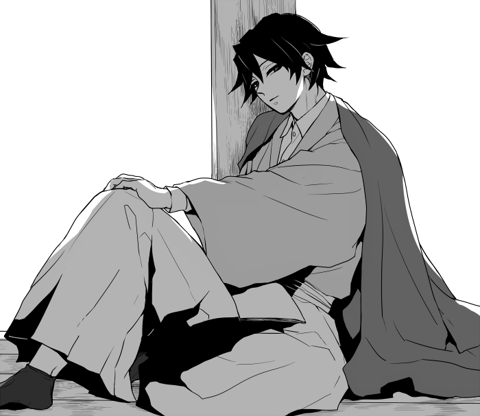 1boy, alternate_hair_length, alternate_hairstyle, black_hair, buttons, closed_mouth, collared_shirt, empty_eyes, greyscale, hakama, half-closed_eyes, haori, japanese_clothes, kimetsu_no_yaiba, light_smile, male_focus, monochrome, shirt, short_hair, simple_background, sinba_(ying-hua), sitting, solo, spiky_hair, tomioka_giyuu, white_background, wide_sleeves