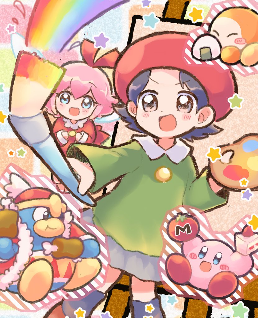 2girls, adeleine, beret, black_hair, blue_eyes, cake, cake_slice, canvas_(object), eating, fairy, fairy_wings, food, grey_skirt, hat, holding, holding_paint_palette, holding_paintbrush, hoshi_ume_01414, king_dedede, kirby, kirby_(series), kirby_64, maxim_tomato, multiple_girls, onigiri, open_mouth, paint_palette, paintbrush, red_hat, ribbon_(kirby), skirt, smile, socks, star_(symbol), waddle_dee, wings