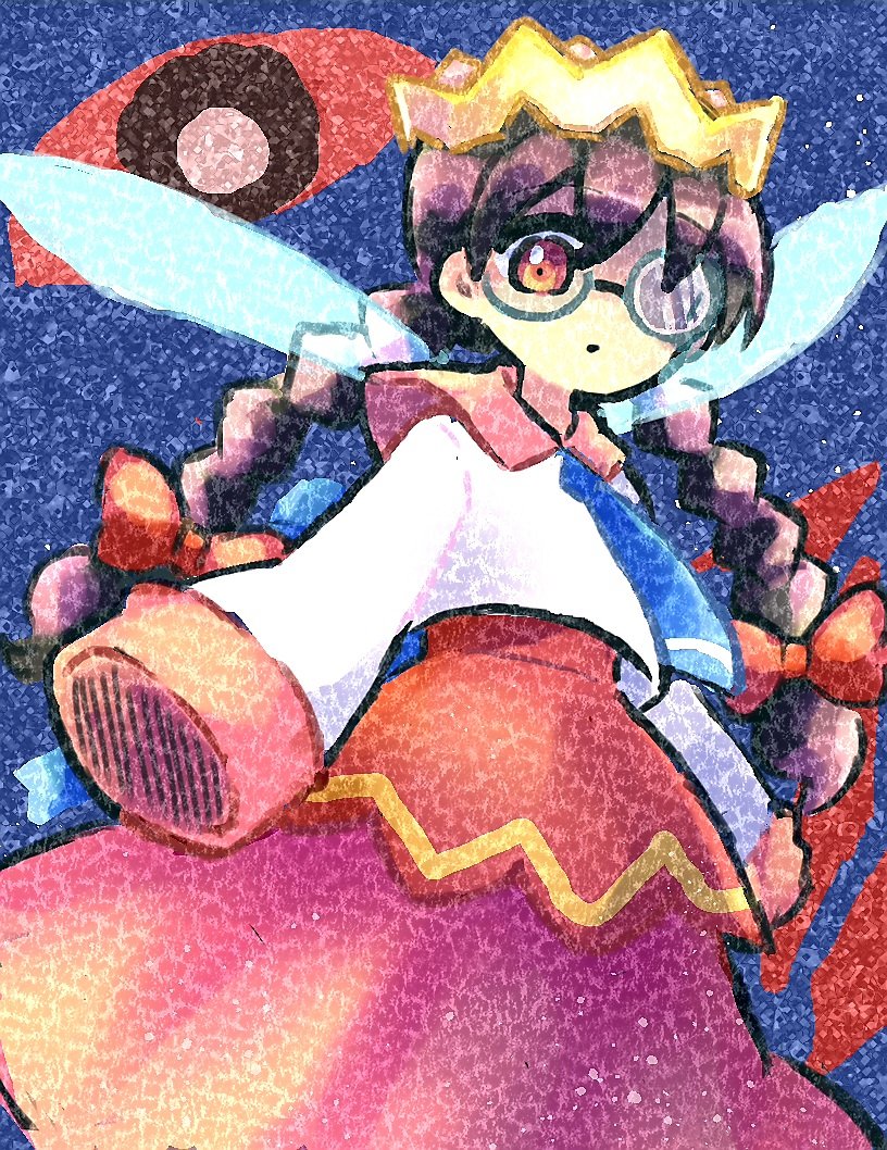 1girl, black_hair, bow, braid, crown, fairy, fairy_wings, glasses, hair_bow, hoshi_ume_01414, kirby_(series), kirby_64, long_hair, long_skirt, low_twin_braids, one-eyed, pink_skirt, red_bow, red_eyes, ripple_star_queen, skirt, sleeves_past_fingers, sleeves_past_wrists, twin_braids, wings, zero_two_(kirby)