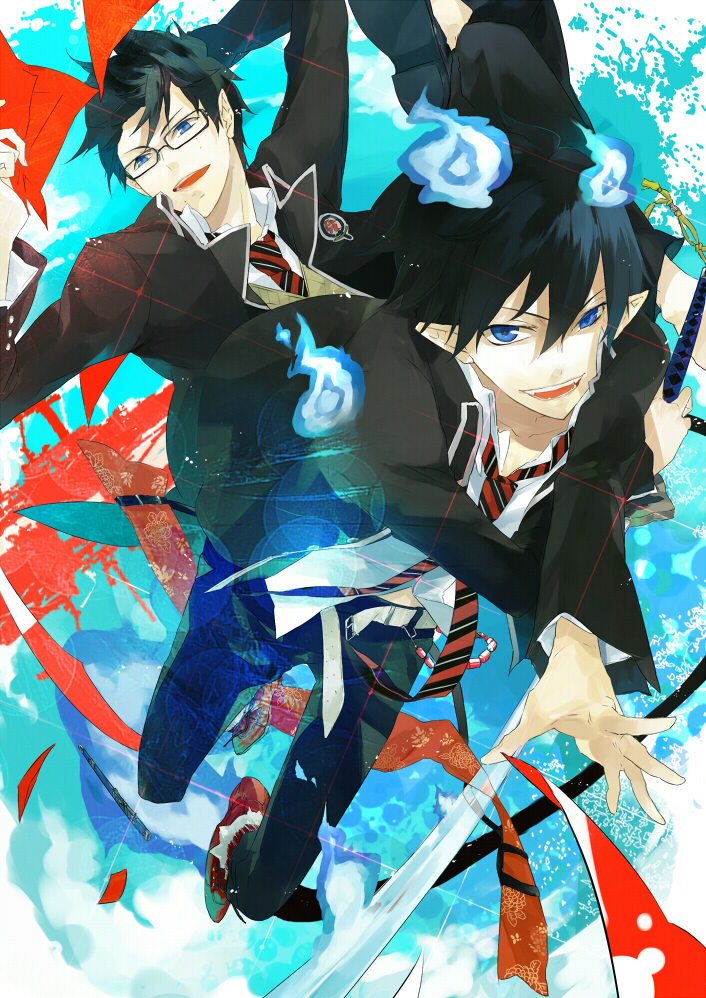 ao_no_exorcist, black_hair, blue_eyes, brothers, fangs, fire, formal, glasses