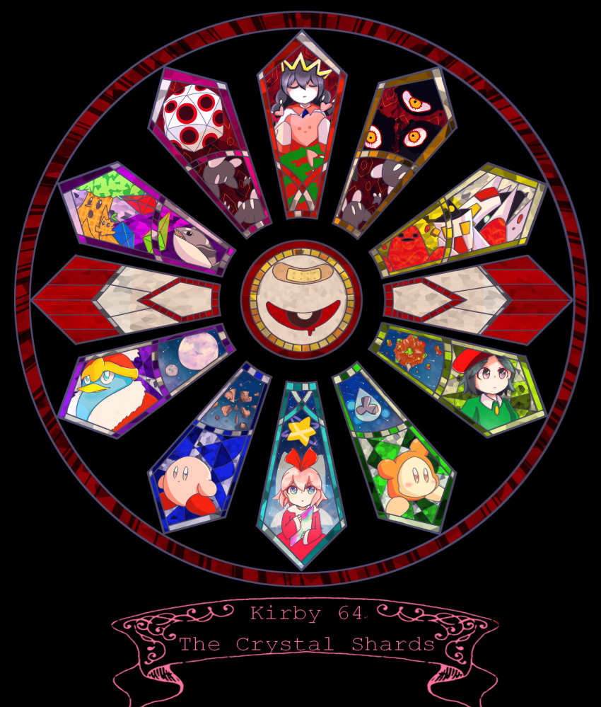 absurdres, acro_(kirby), adeleine, bandaid, black_background, black_hair, bow, colored_skin
