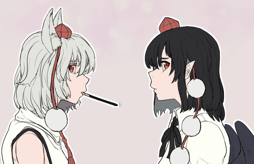 2girls, animal_ear_fluff, animal_ears, averting_eyes, black_hair, black_ribbon, check_background, commentary_request