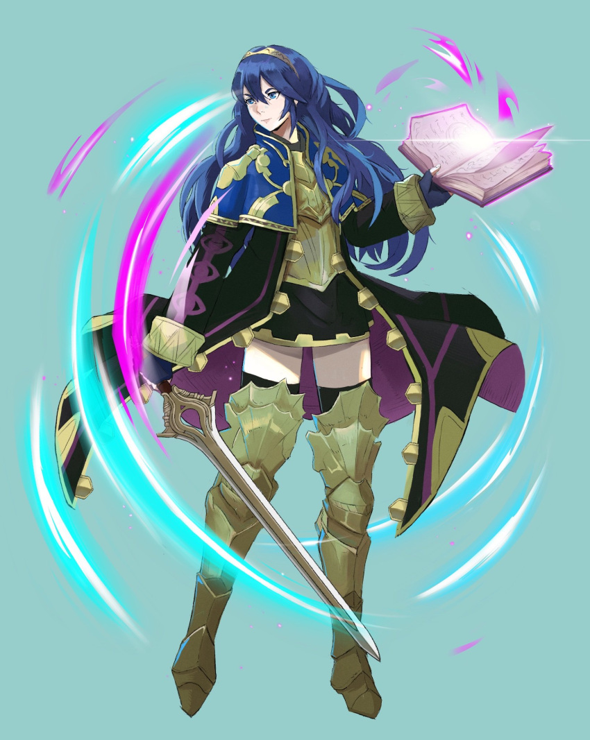 1girl, armor, armored_boots, black_dress, black_robe, black_thighhighs, blue_eyes, blue_gloves