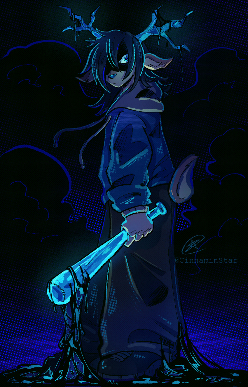 antlers, artist_name, baggy_pants, baseball_bat, black_hair, blue_eyes, blue_jacket, cinnaminstar, clouds, dark_background, dark_cloud, december_holiday, deltarune, full_body, hair_over_one_eye, highres, holding, holding_baseball_bat, hood, hood_down, horns, jacket, long_sleeves, looking_at_viewer, ooze, pants, shoes, sneakers, solo, tail, utdr_(toby_fox)