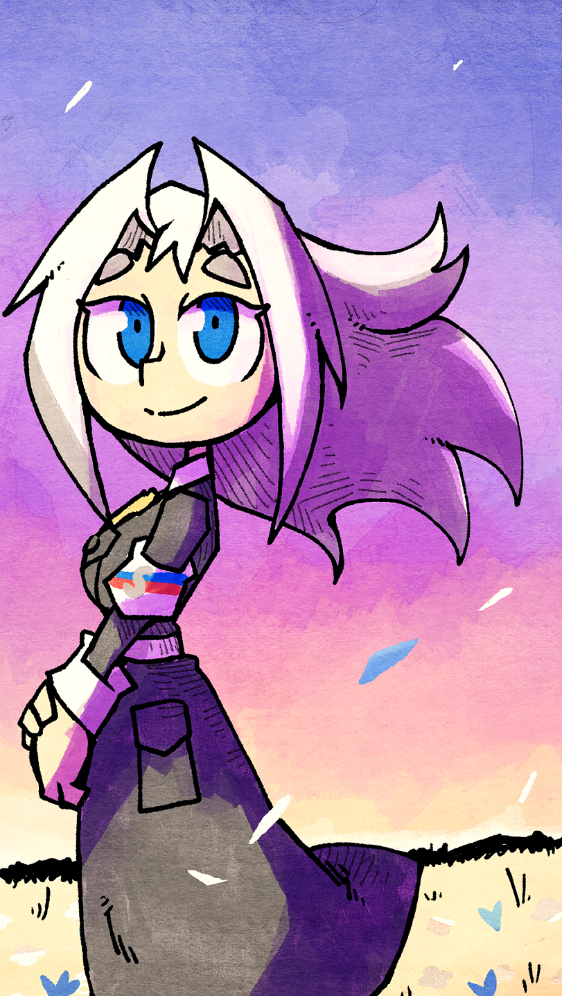 1girl, armband, belt, blue_eyes, coat, dusk, field, finland