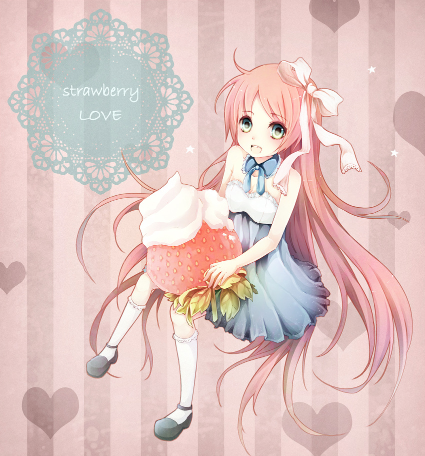 bow, choker, dress, food, fruit, green_eyes, hair_bow, highres