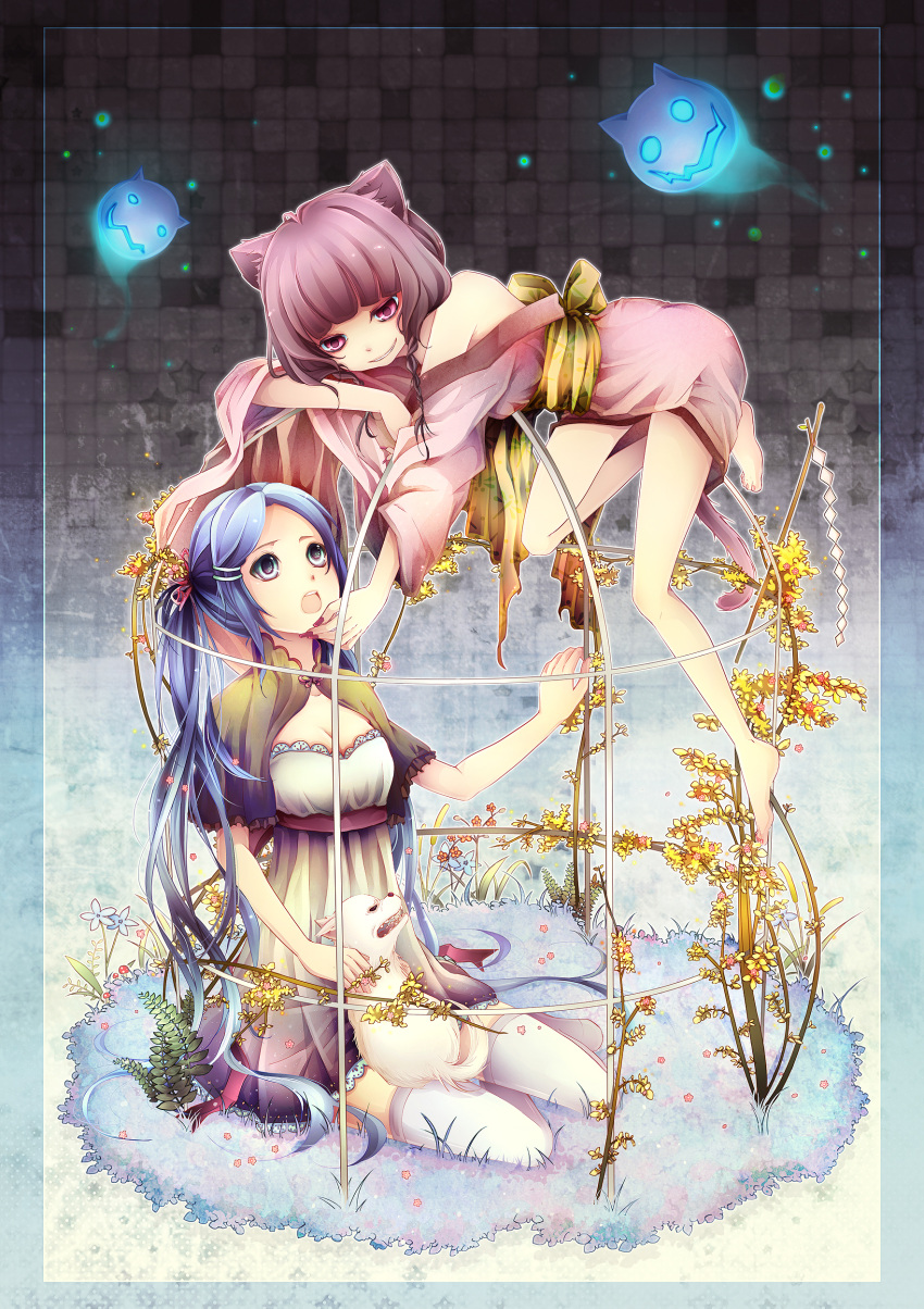 animal_ears, bare_legs, barefoot, birdcage, blue_eyes, blue_hair, braid, breasts