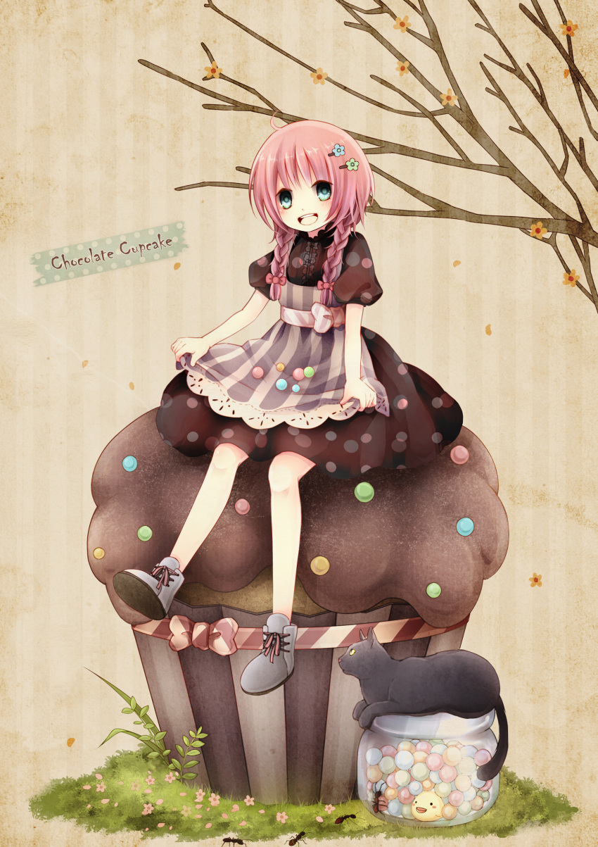 ant, apron, bare_legs, bird, bow, braid, branch, candy