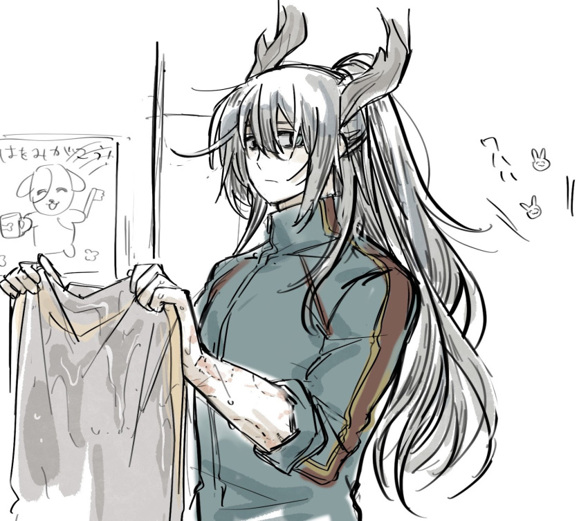 1boy, alternate_costume, antlers, aqua_track_suit, bite_mark, black_eyes, black_hair, blue_eyes