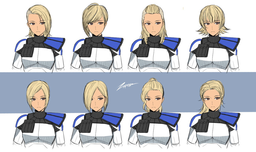 6+girls, armor, asymmetrical_bangs, black_eyes, blonde_hair, captain_rex, clone_trooper, expressionless