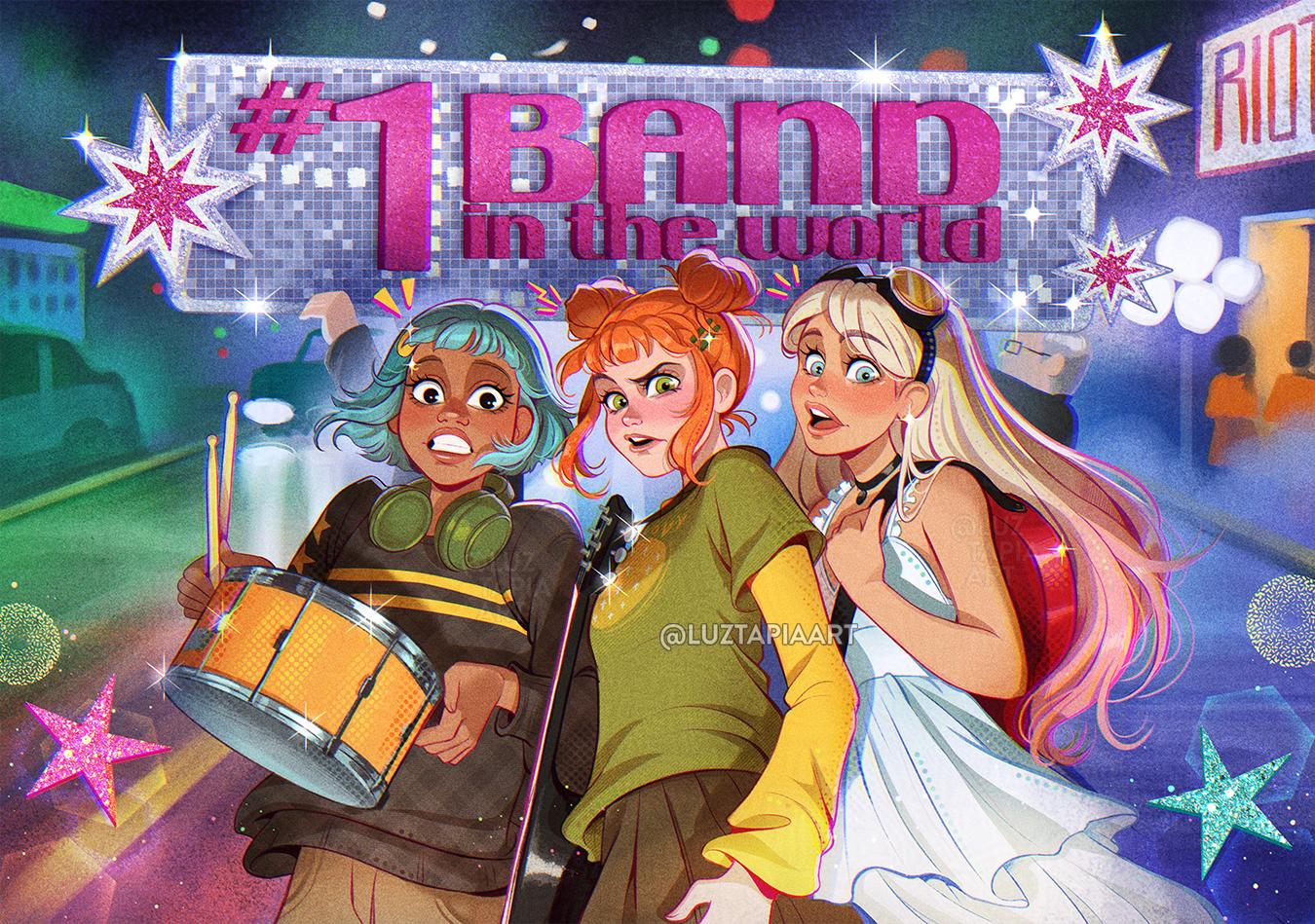 3girls, aqua_hair, artist_name, blonde_hair, blue_eyes, brown_shirt, brown_skirt, dark-skinned_female, dark_skin, double_bun, dress, drum, english_text, frankie_(peach_riot), gigi_(peach_riot), goggles, goggles_on_head, green_eyes, green_shirt, hair_bun, instrument, layered_sleeves, long_hair, long_sleeves, looking_at_viewer, luztapiaart, multiple_girls, orange_hair, peach_riot_(popmart), poppy_(peach_riot), shirt, short_hair, short_over_long_sleeves, short_sleeves, skirt, sleeveless, sleeveless_dress, star_(symbol), watermark, white_dress, yellow_sleeves