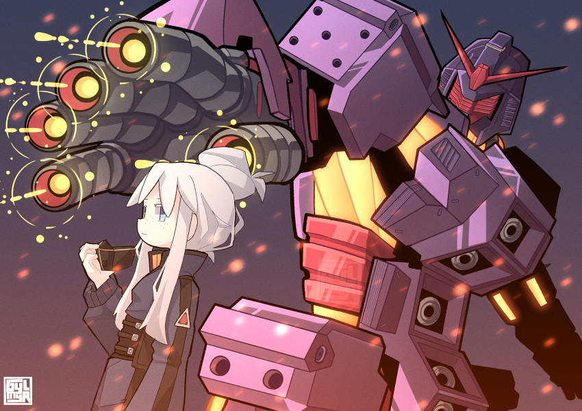 1girl, absurdres, aiming, beam_cannon, blue_eyes, chest_cannon, commentary_request, deux_murasame