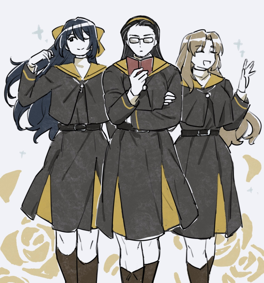 1girl, 2boys, adapted_costume, alternate_hair_length, alternate_hairstyle, black_cape, black_dress, black_eyes