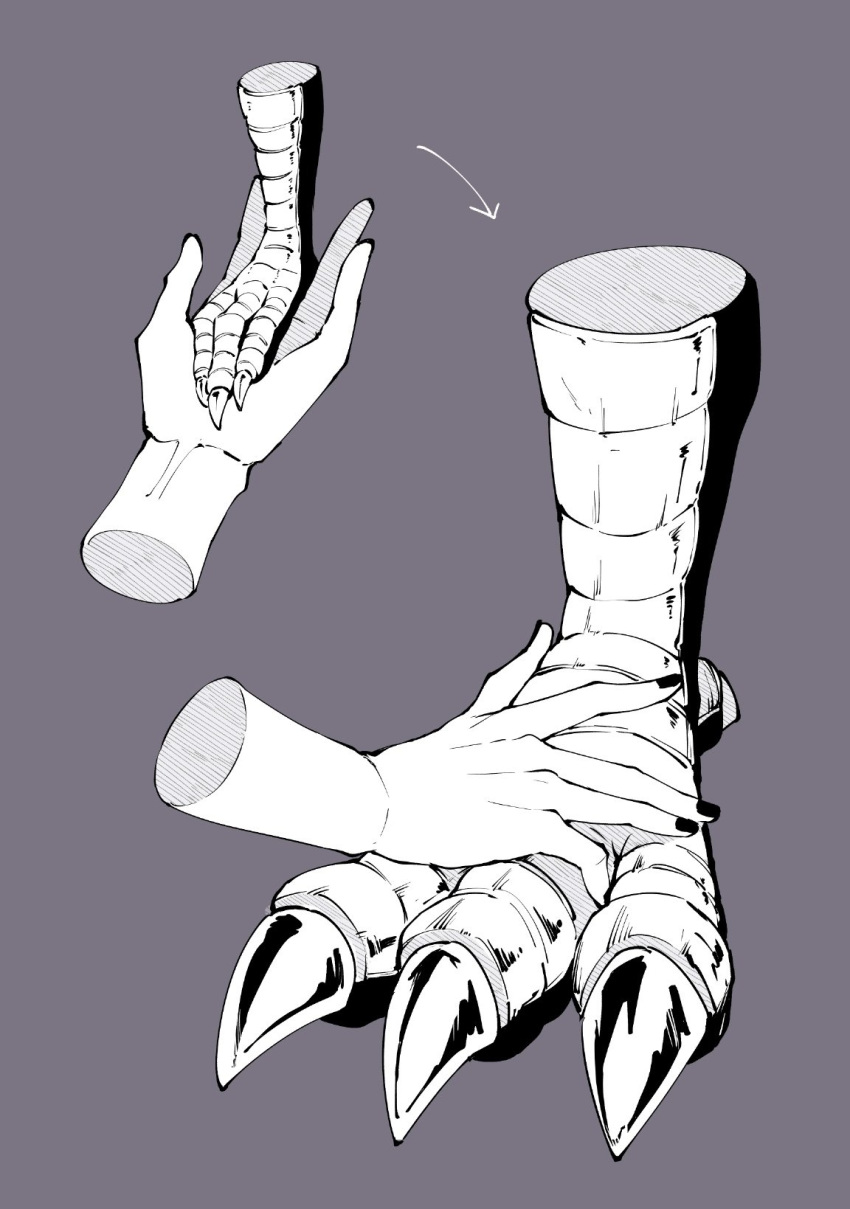2boys, age_progression, arrow_(symbol), balam_shichiro, bird_legs, claws, feet, foot_focus, grey_background, greyscale, hand_on_another's_foot, highres, holding_another's_foot, isiko_mim_z, mairimashita!_iruma-kun, monochrome, multiple_boys, naberius_kalego, nail_polish, simple_background