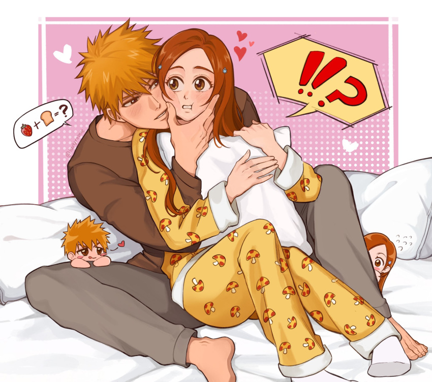 !?, 1boy, 1girl, ?, barefoot, bed_sheet, bleach, blush