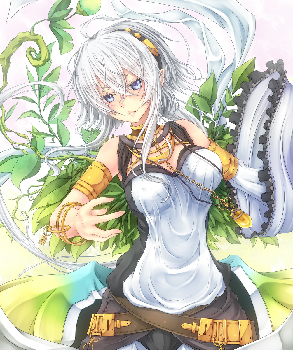 ahoge, armlet, belt, blue_eyes, bracelet, breasts, chain, chains