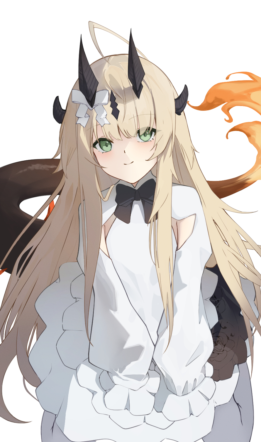 1girl, aged_down, ahoge, arknights, black_bow, black_bowtie, black_horns, blonde_hair
