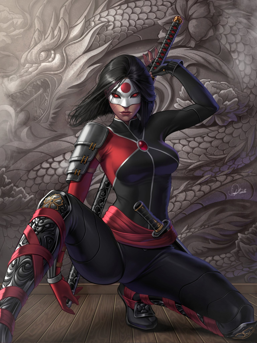 1girl, armor, asymmetrical_gloves, black_bodysuit, black_gloves, black_hair, bodysuit, dc_comics