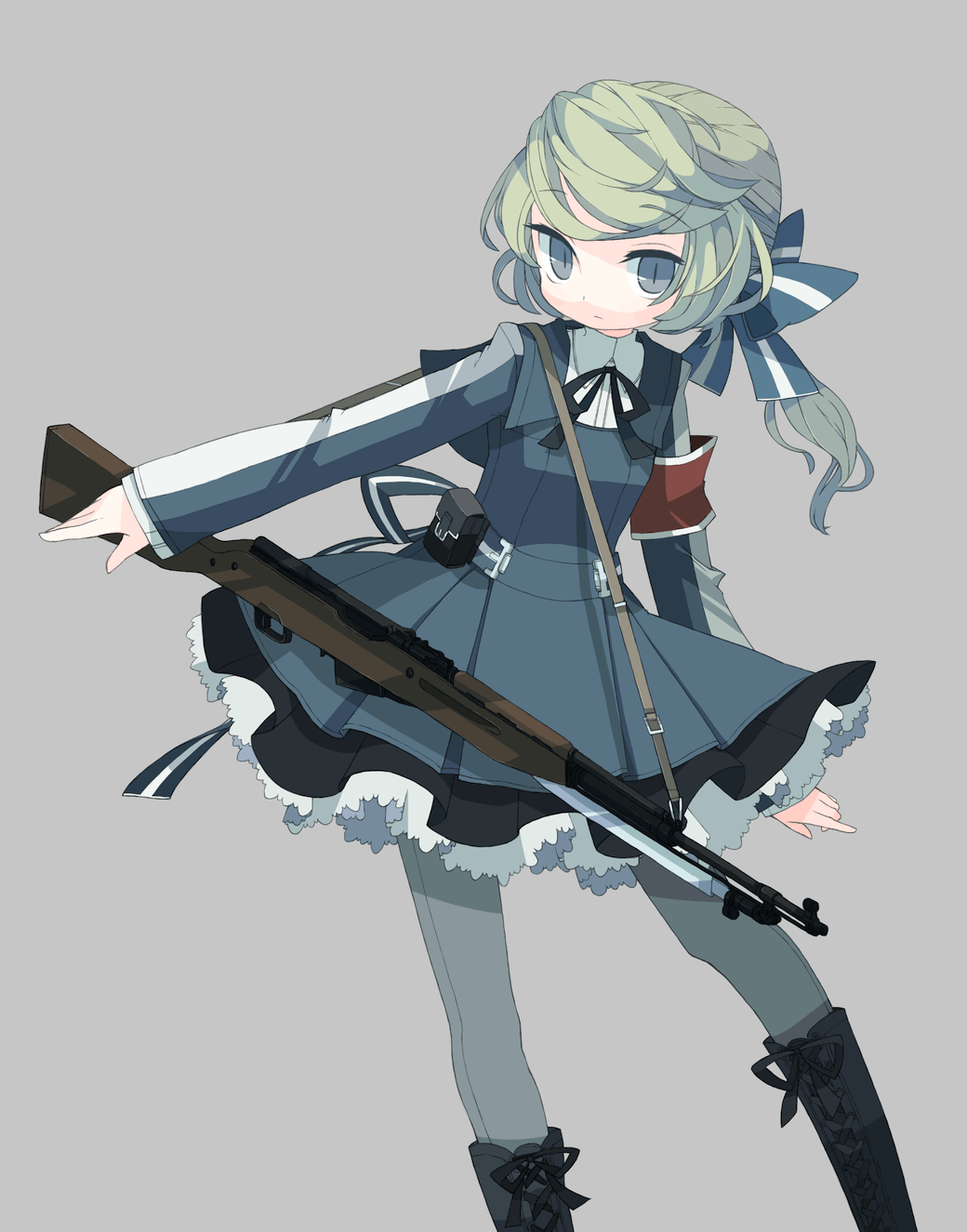 bad_id, black_eyes, boots, dress, green_hair, gun, highres, knee_boots