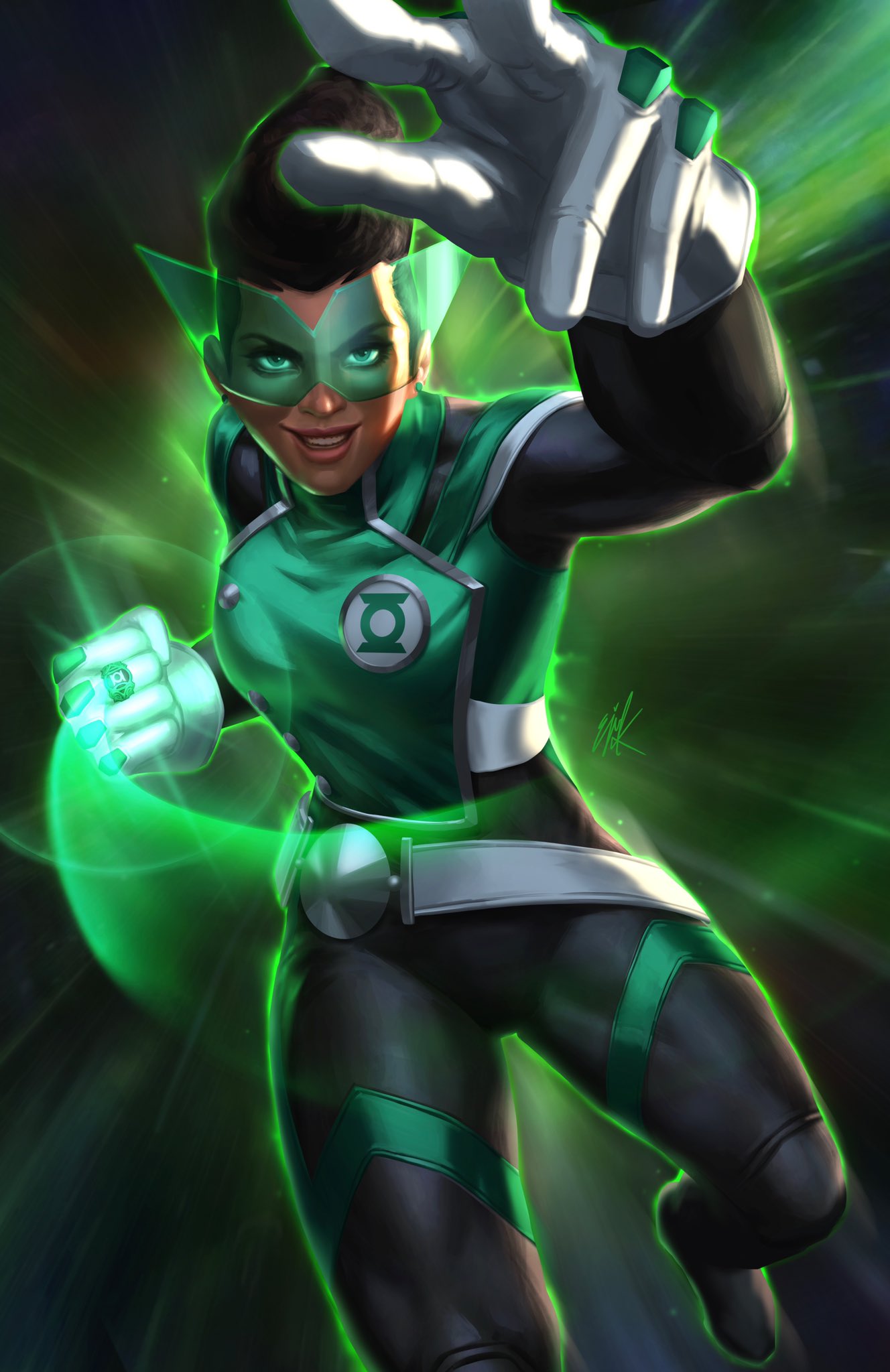 1girl, black_hair, clenched_hand, dark-skinned_female, dark_skin, dc_comics, ejikure, gloves