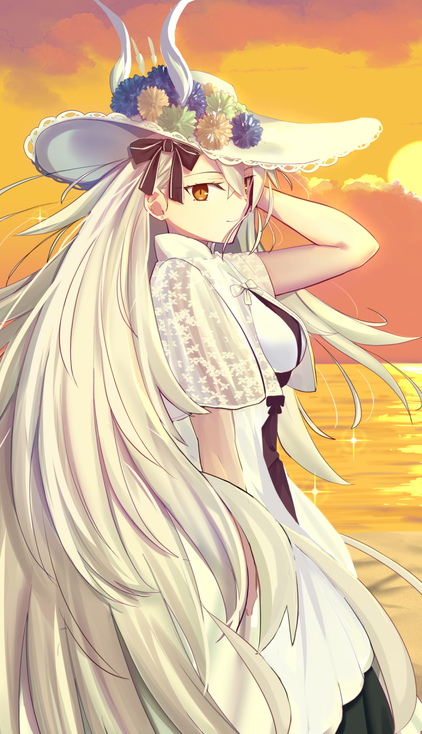 1girl, capelet, detached_horns, dress, fate/grand_order, fate_(series), hat, highres