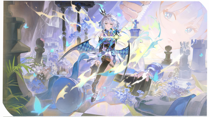 1girl, blue_dress, cerydra_(honkai:_star_rail), chess_piece, chessboard, crown, dress, highres