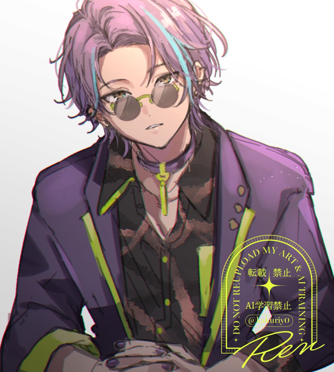 1boy, bespectacled, blue_hair, choker, collared_shirt, commentary, deep_dark_for_light_(project_sekai), ear_piercing