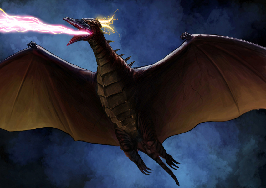 absurdres, back_spikes, beak, breath_weapon, claws, colored_smoke, commentary, crackling_energy